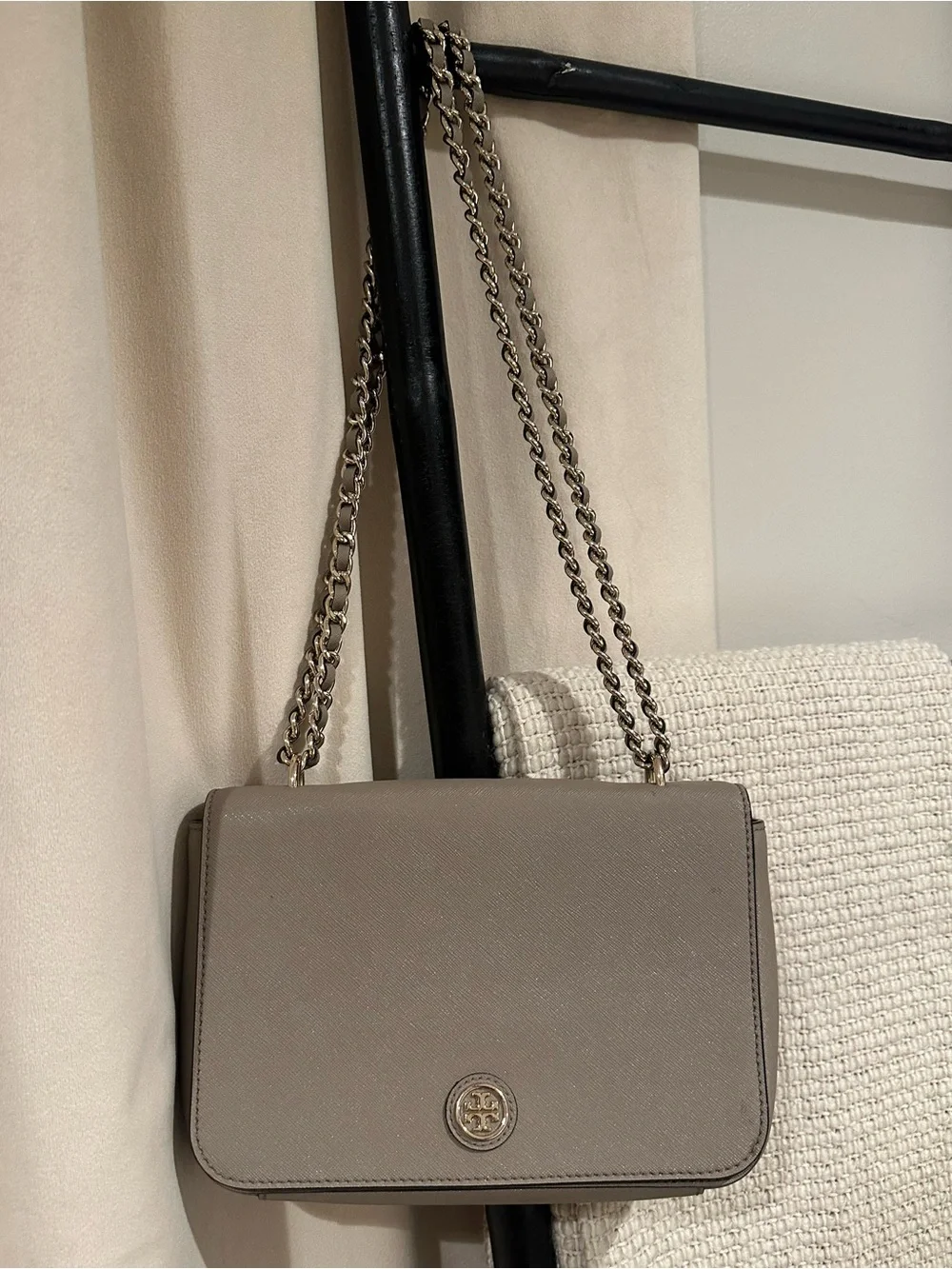 Tory Burch taupe leather shoulder or crossbody bag with gold chain